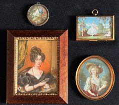 Konvolut mit vier Miniaturen, Ölmalereien: Portrait einer Dame mit aufwändiger Frisur aus