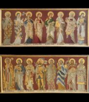 2 Gemälde, 19 Jh., Öl mit Goldauflage auf Holzplatte: 1. Gemälde zeigt: Timotheus, Paulus,