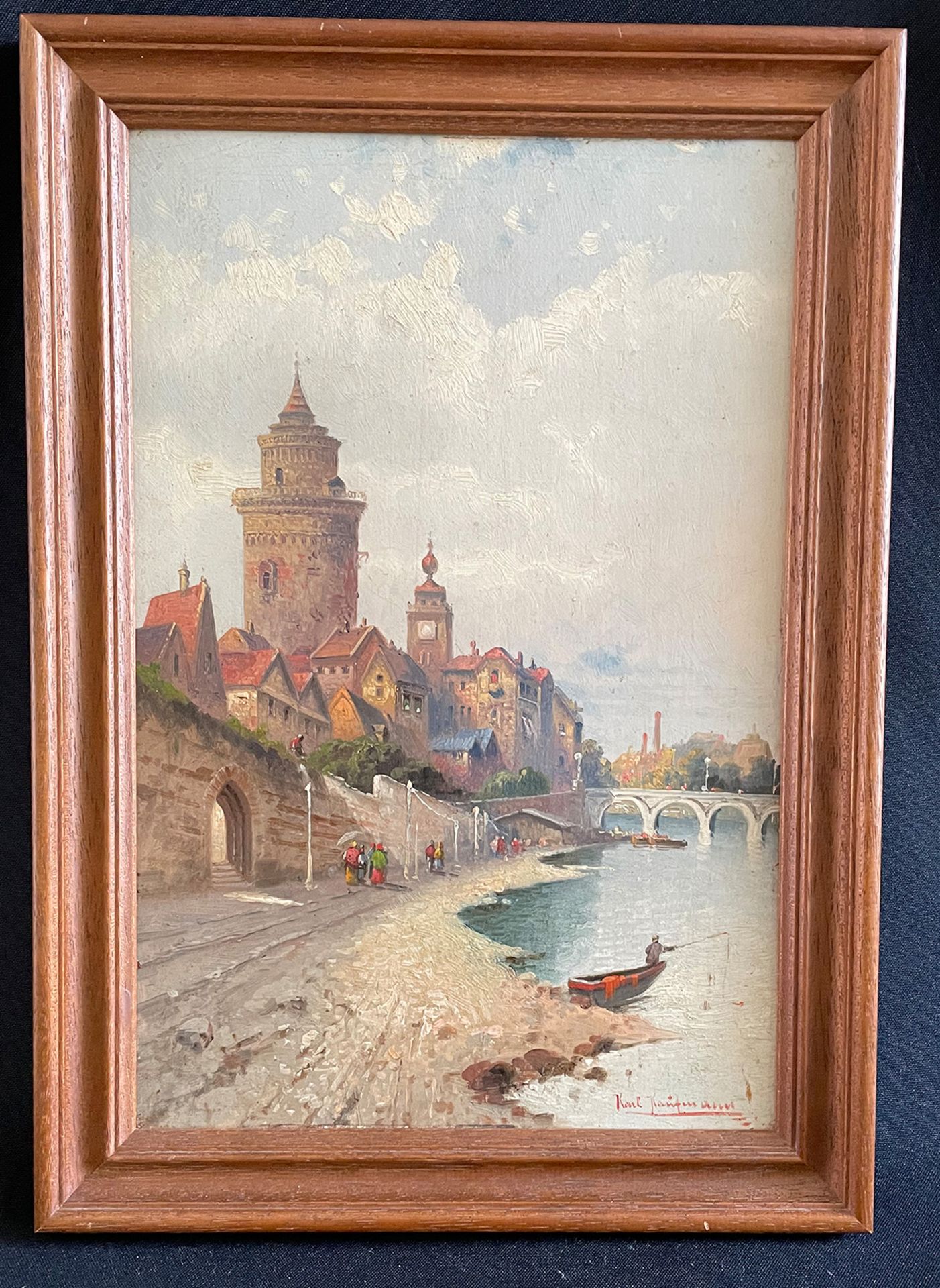 Karl Kaufmann (1843 - 1905), Promenade vor der Stadtmauer am Fluss, Öl auf Platte, signiert, 31,5 - Bild 3 aus 4