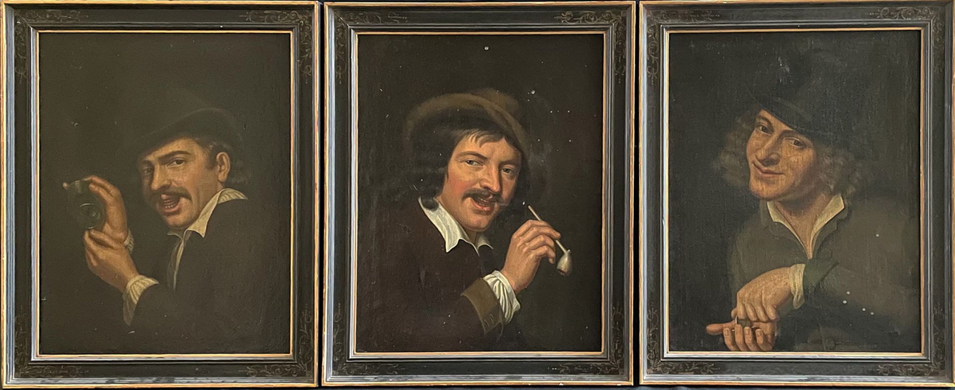 Konvolut 3 Gemälde, 19. Jh., unbekannter Künstler. Drei Portraits von Herren, die die Sinne