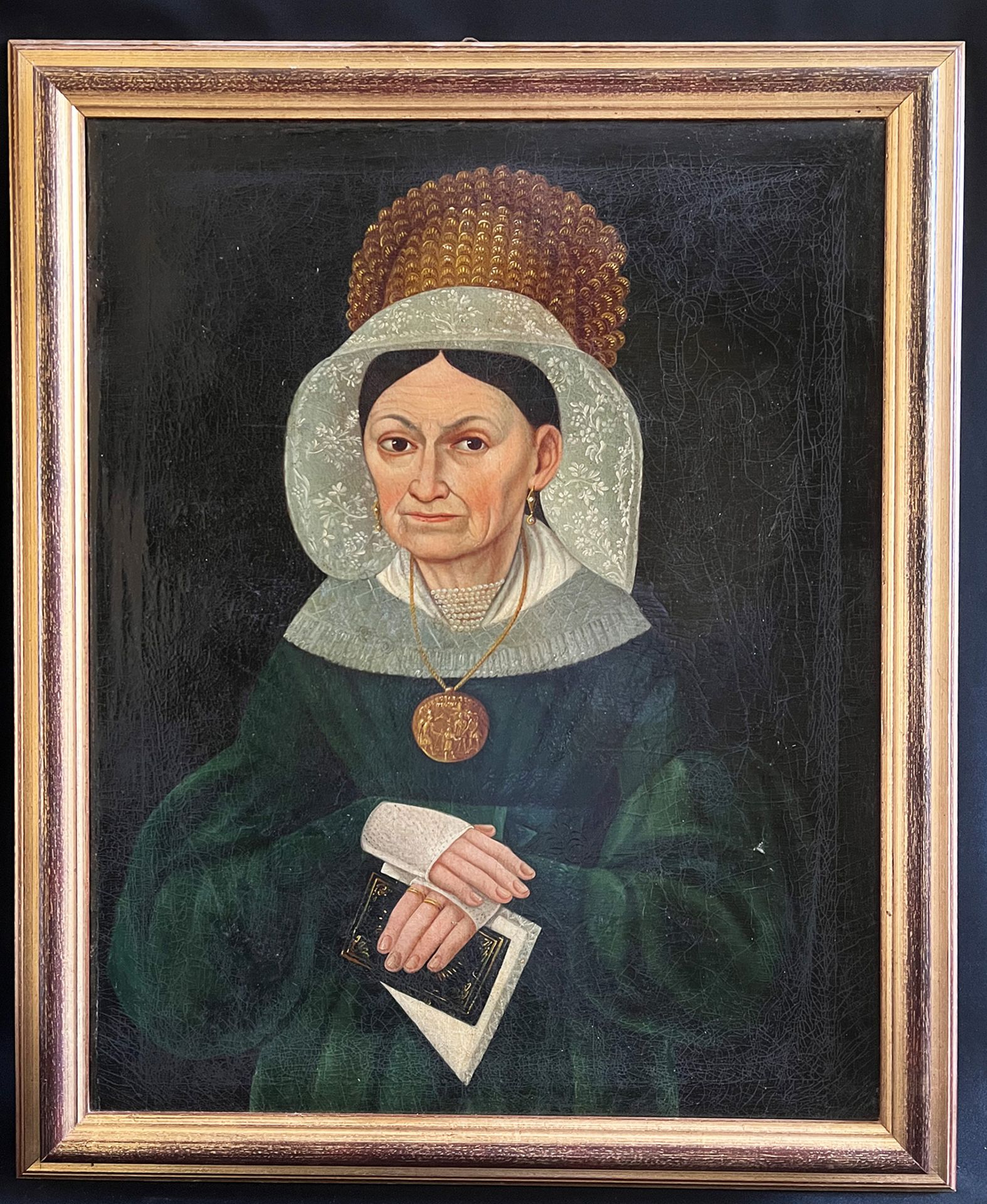 Unbekannter Künstler, deutsch, 2. H. 19. Jh., Portrait einer alten Dame mit großem Flechthut sowie