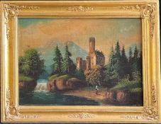Unbekannter Künstler, 19. Jh., Romantik, Burgruine in einer waldigen Landschaft mit Fluß und
