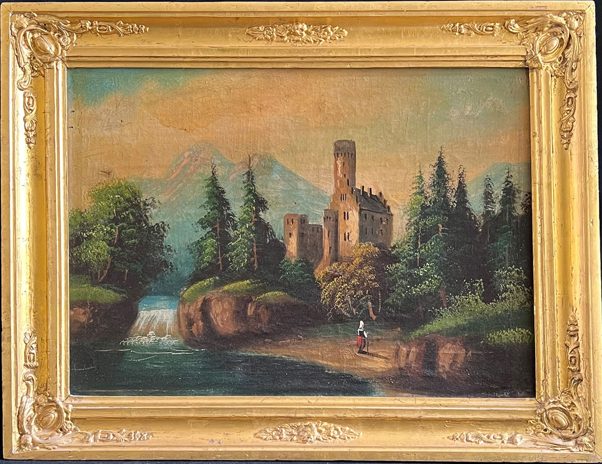 Unbekannter Künstler, 19. Jh., Romantik, Burgruine in einer waldigen Landschaft mit Fluß und