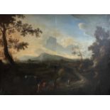 Unbekannter Künstler, 17./18. Jh., Große Landschaft mit Bäumen und Wanderern, Öl/Lwd,