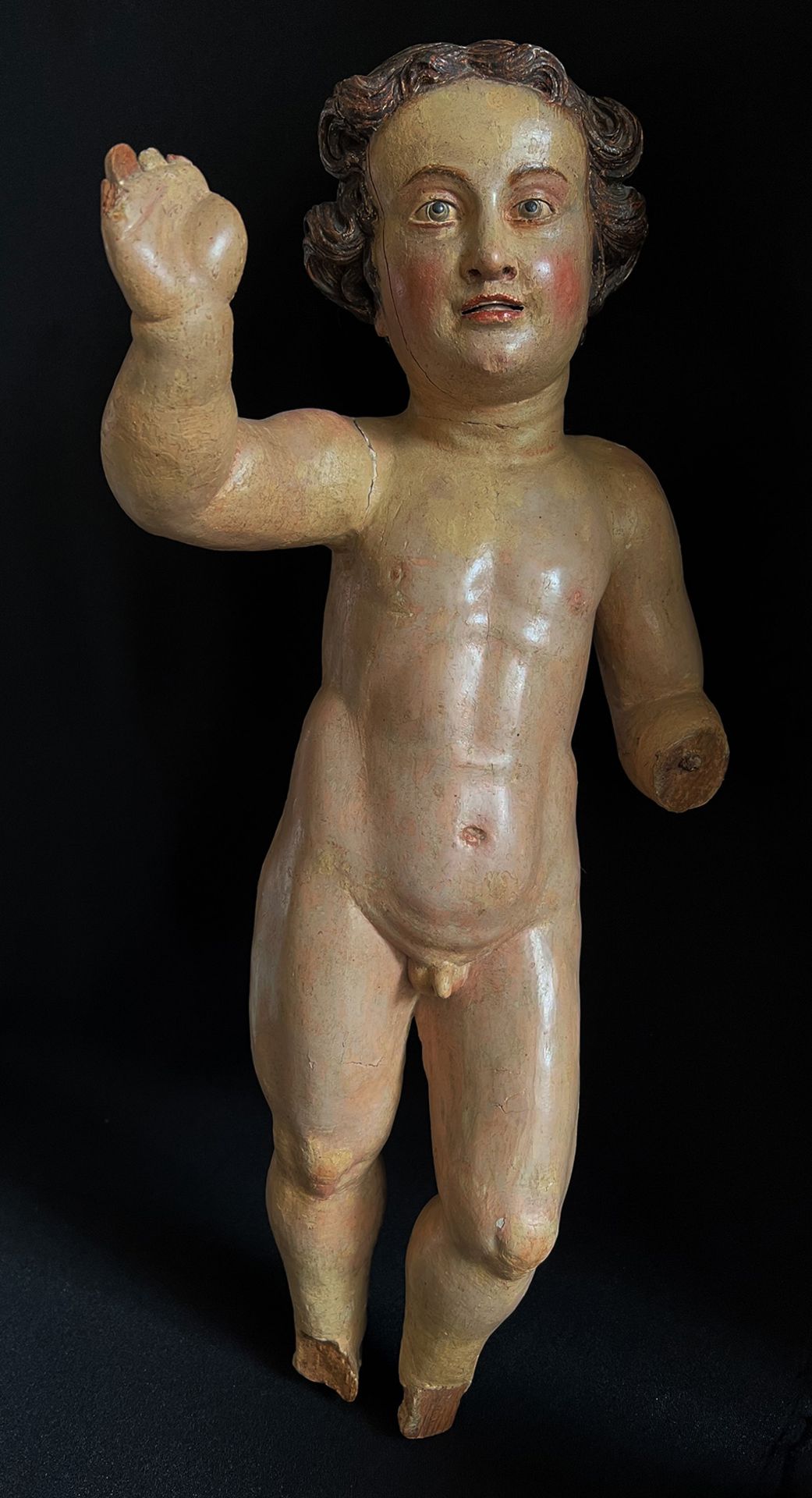 Italien, 18. Jh., Christuskind, stehend, mit Segensgestus, Holz, farbig gefasst, teils besch.,