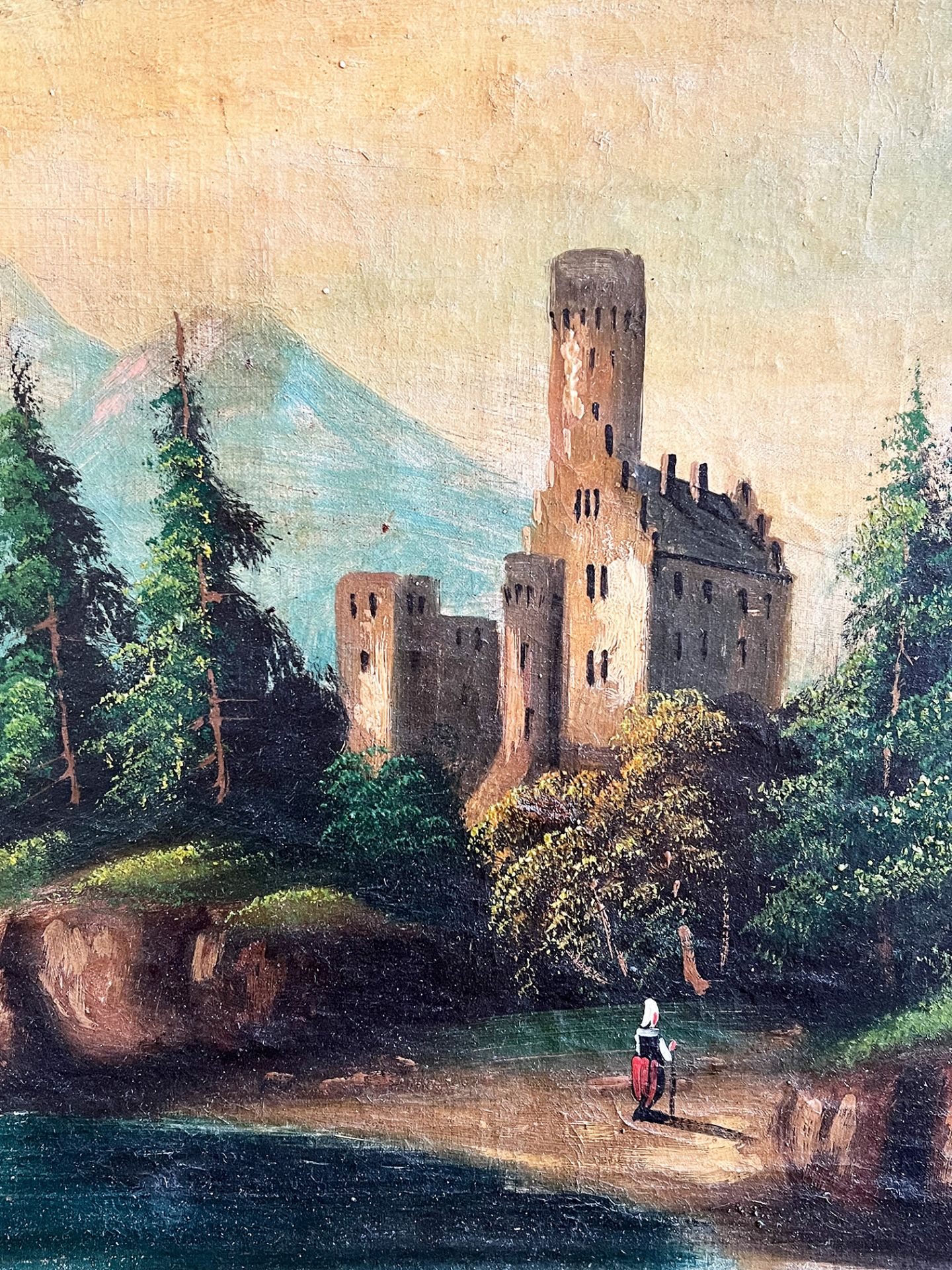 Unbekannter Künstler, 19. Jh., Romantik, Burgruine in einer waldigen Landschaft mit Fluß und - Bild 2 aus 2
