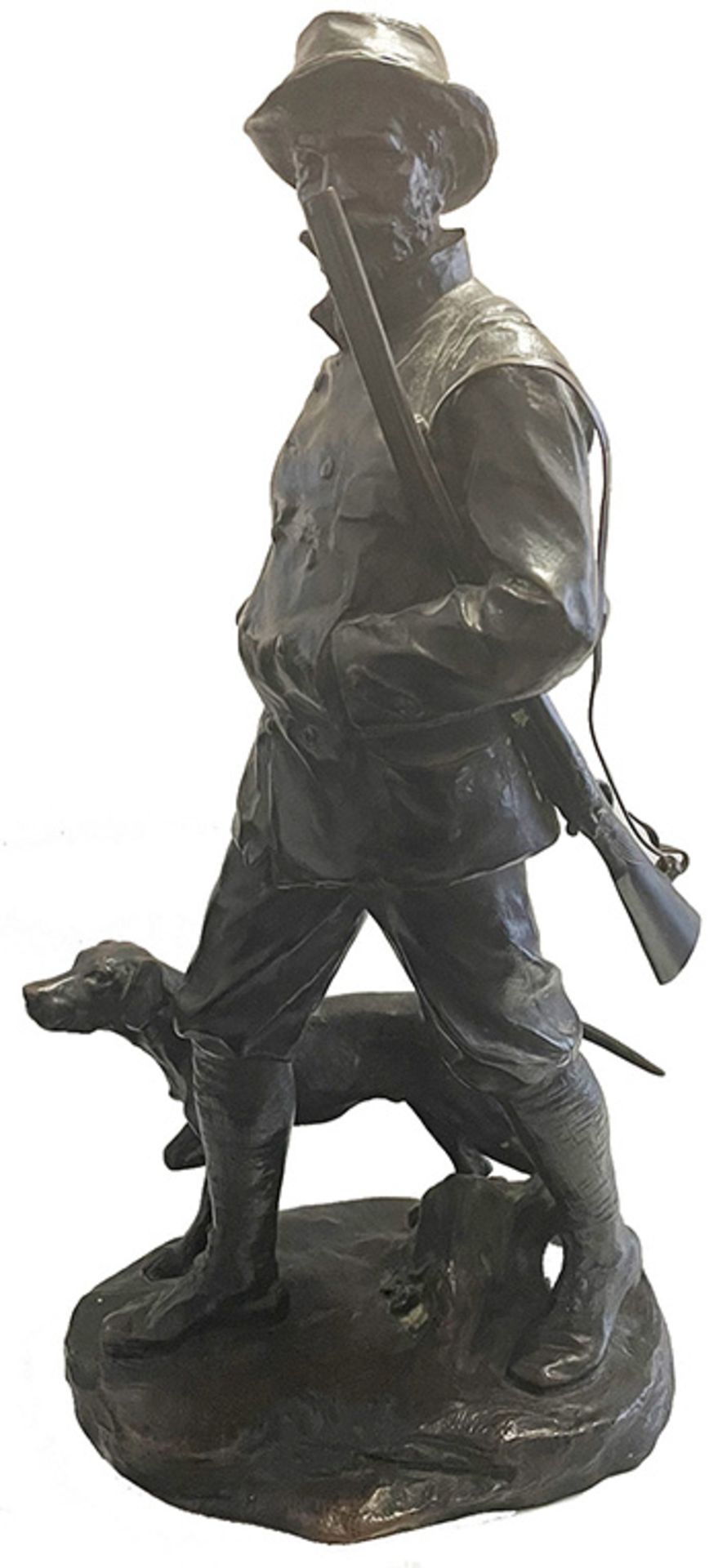 Hans Müller (Wien 1873 - 1937). Jäger mit Hund. Skulpur, Bronze, dunkelbraun patiniert, signiert;