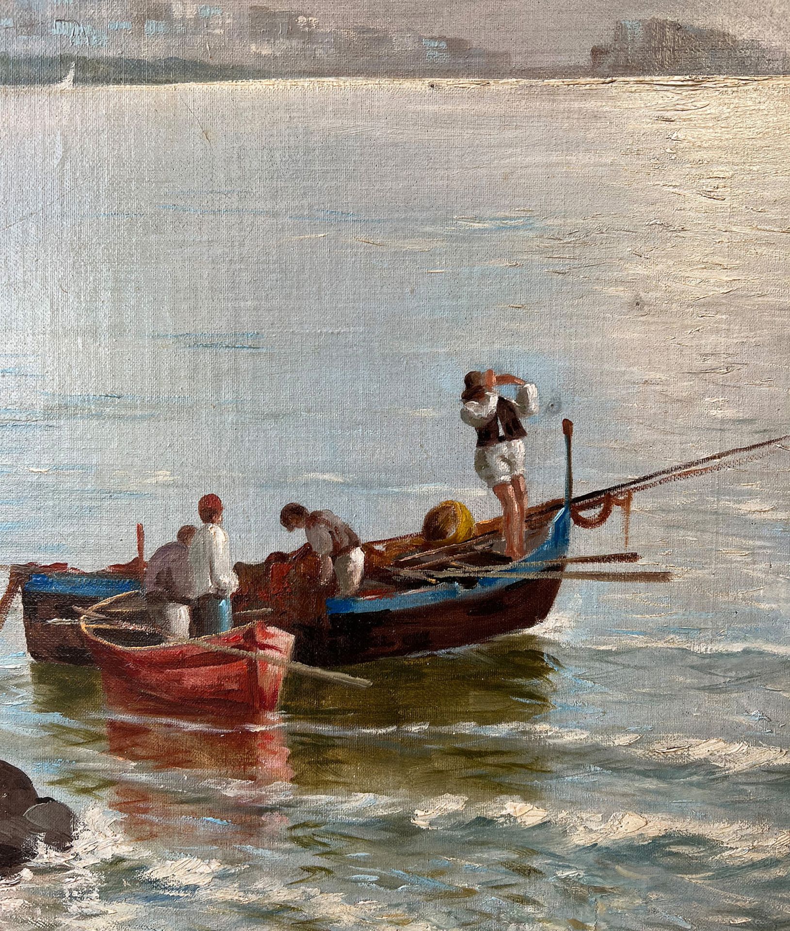 Unbekannter Künstler, Südliche Landschaft, der Blick geht auf ein Boot mit diversen Figuren sowie - Bild 4 aus 5