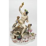 Venus mit Amor : auf einem Weinfass sitzender Dionysos in Leopardenfell gekleidet mit einem Weinglas