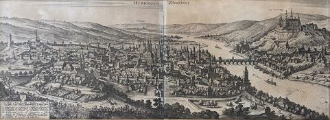 Herbipolis Würtzburg, Gesamtansicht von der Höhe, Kupferstich mit Legende von M. Merian, 1648, 23,