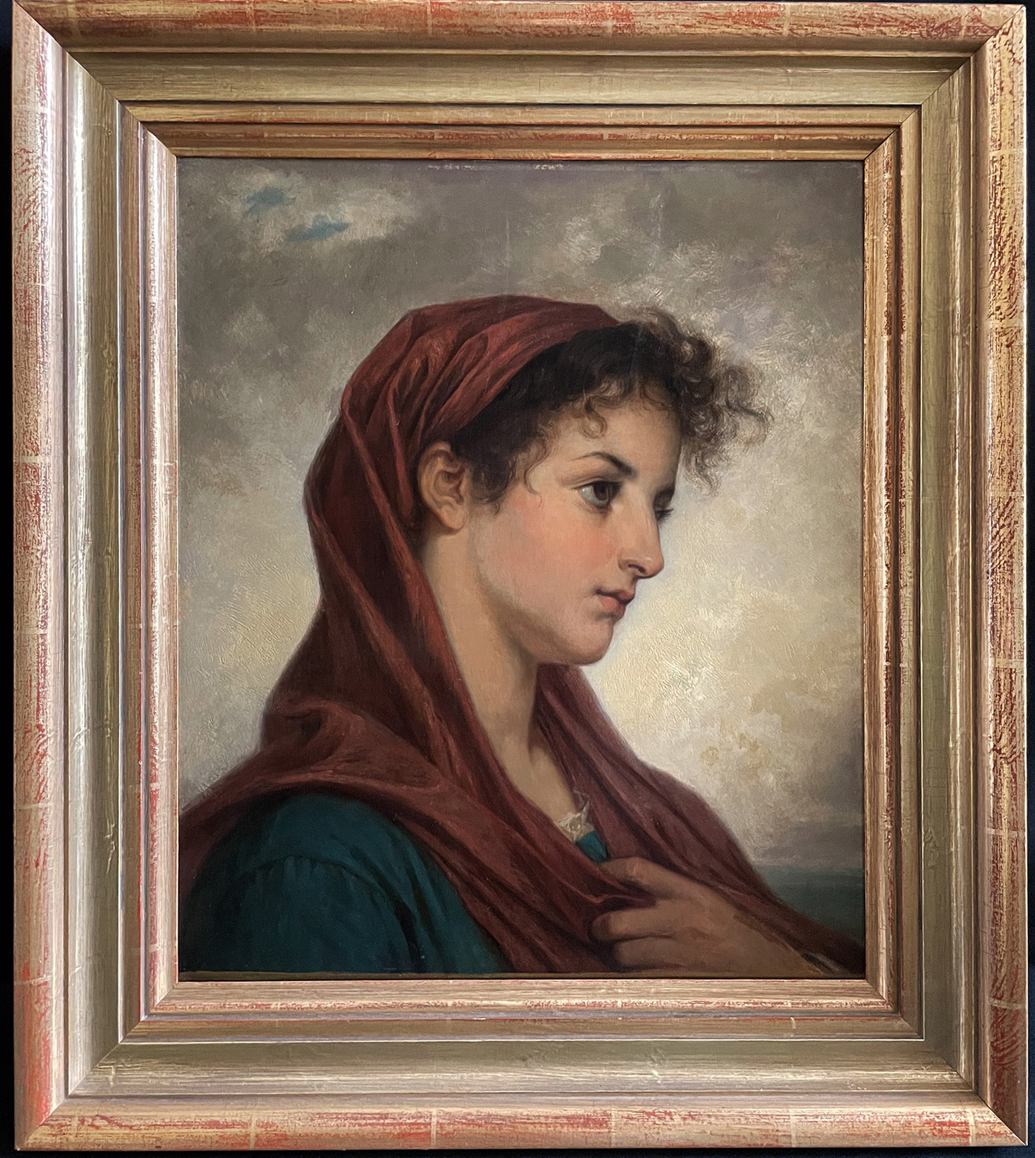 Akademischer Künstler, Mädchenportrait: Vor ockerfarbenem Grund ein Mädchen mit rotem Kopftuch, - Image 3 of 7