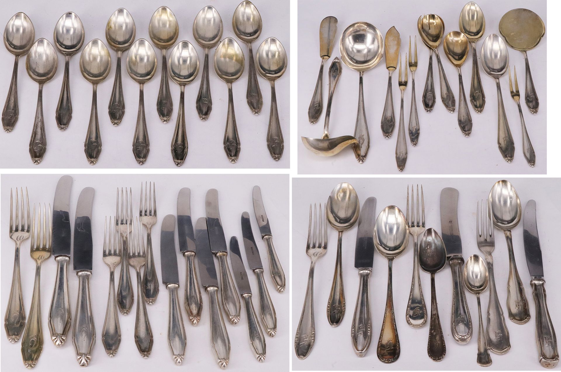 Diverse Besteckteile, 800er Silber: 12 Teelöffel mit Monogramm DH, 4 x Messer und Gabel in mittlerer