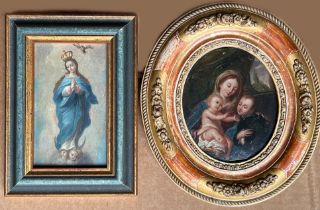 Zwei religiöse Kleinstbilder: Maria und der Jesusknabe mit einem Stifter, Öl/Holz, oval, 11,5 x 9,