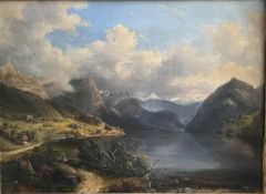 C. von Kratzer, Landschaft mit See und Bergen unter stimmungsvollen Wolken, signiert und datiert
