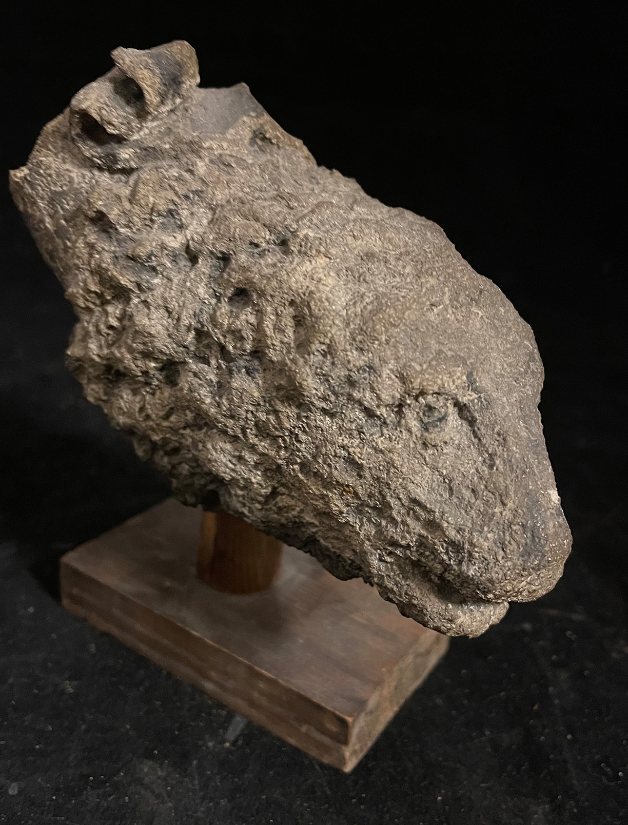 Löwenkopf, Sandstein, verwittert, Reste vom Stoff einer weiteren Figur am oberen Hals, Höhe ca. 10