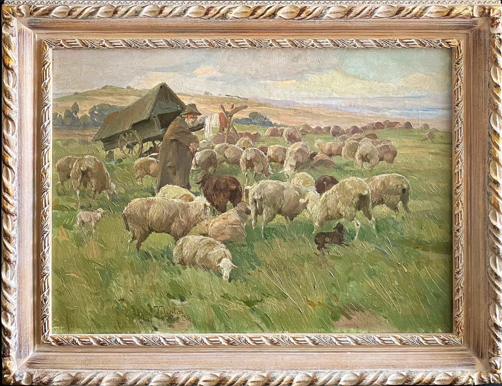 Valentin, Schafe auf der Weide mit ihrem Hirten, signiert, Öl/Lwd. 48 x 68 cm - Image 2 of 5