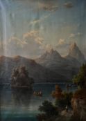 Unbekannter Künstler, 19. Jh., Landschaft mit See, Insel und im Hintergrund Bergen sowie figürlicher