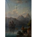 Unbekannter Künstler, 19. Jh., Landschaft mit See, Insel und im Hintergrund Bergen sowie figürlicher