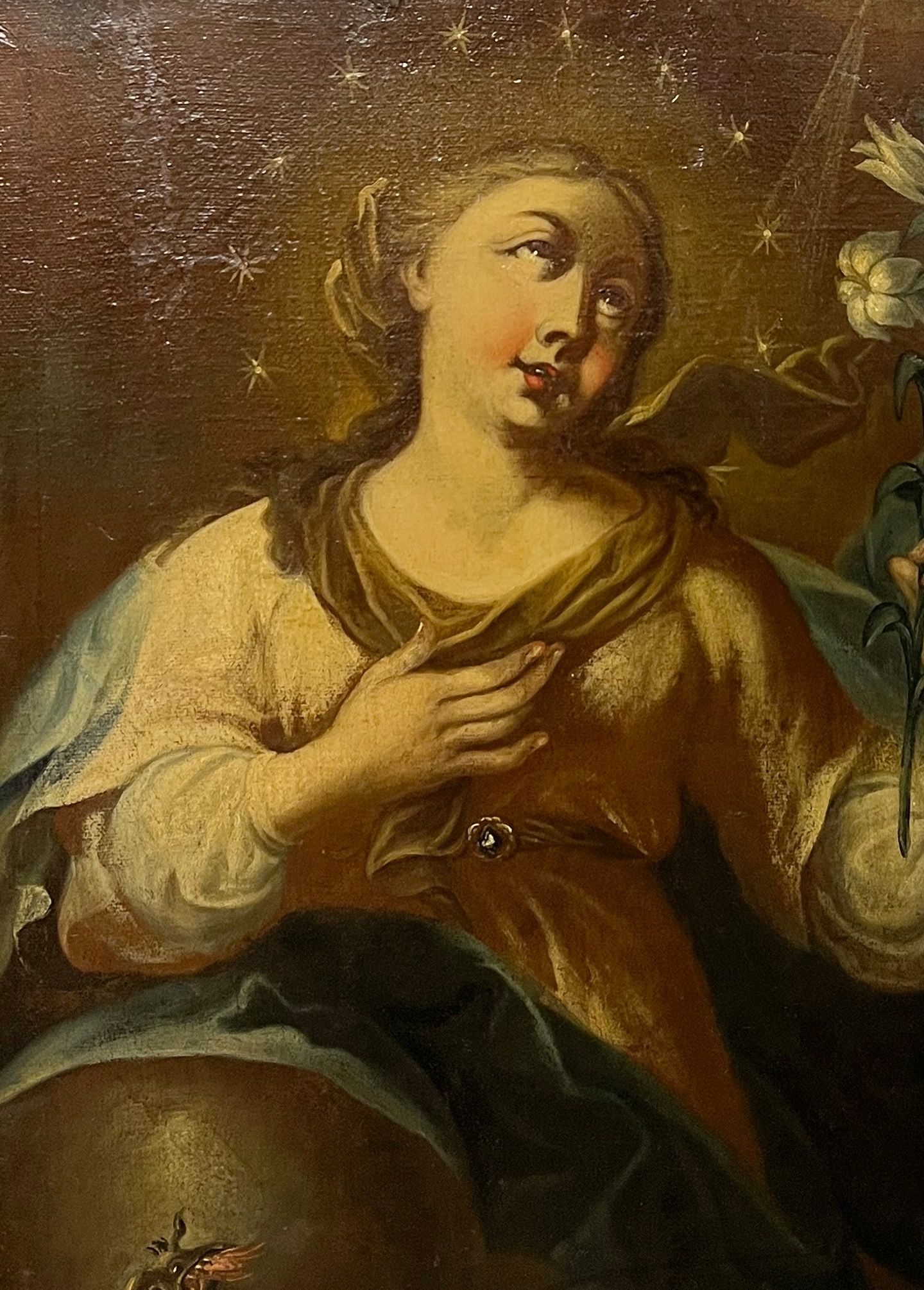 Immaculata/ The Virgin Mary. 18. Jh., Öl/Lwd (auf Spanplatte aufgez.), Altersspuren, 56 x 49 cm