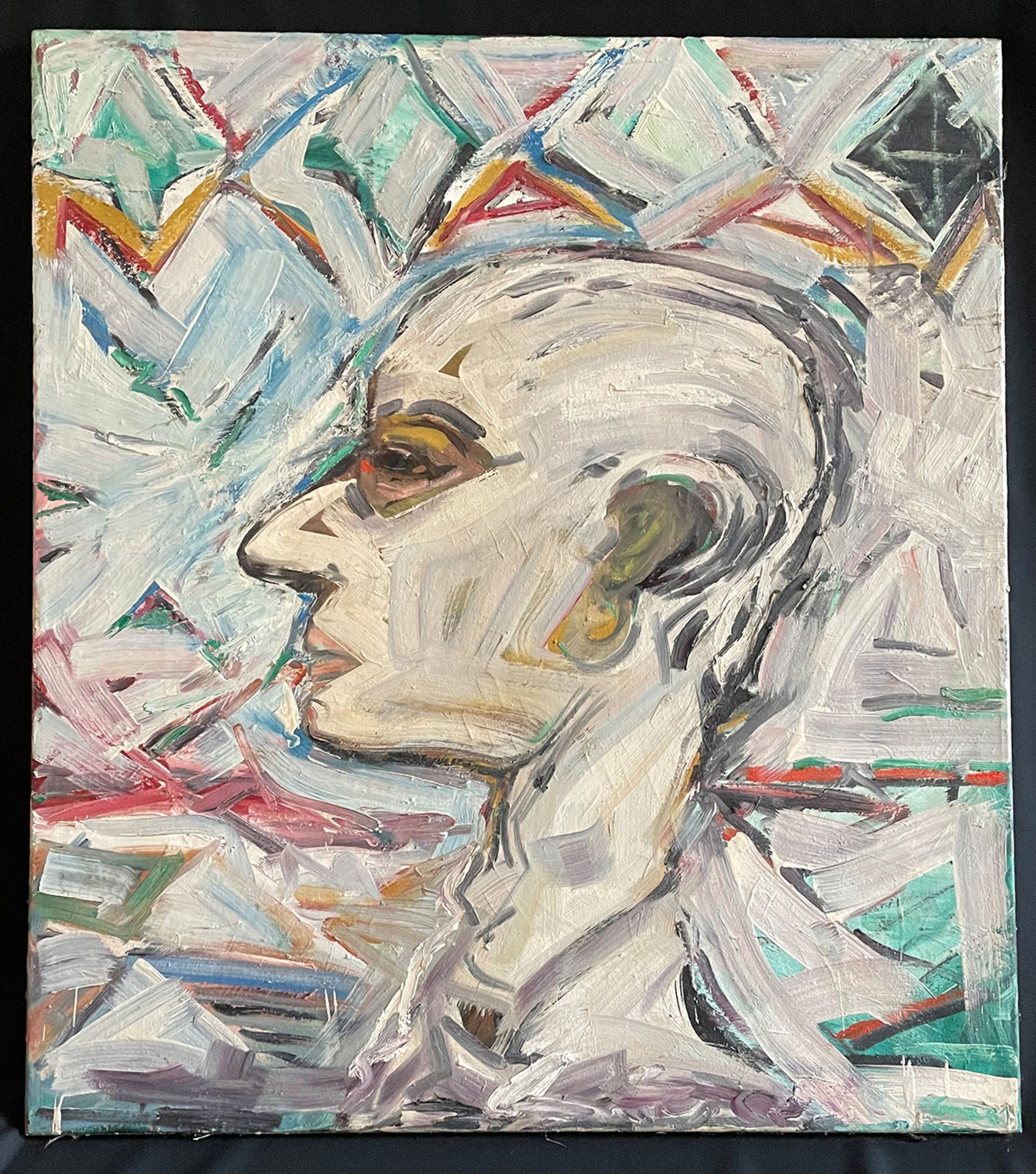 Portrait, 1978, Mischtechnik auf Nessel, 80 x 90 cm. Zeittypisches Bild der späten 1970er Jahre.