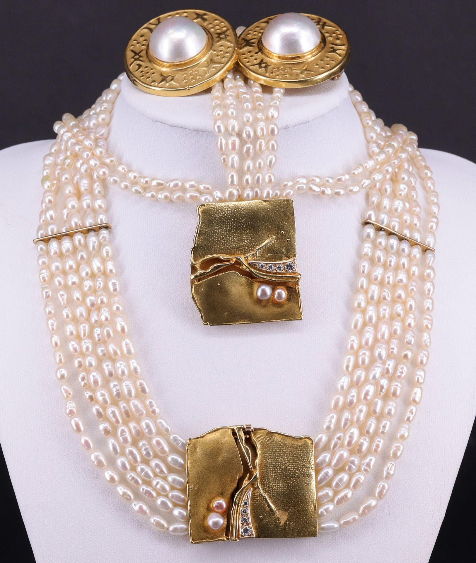 Collier, Armband und Ohrstecker / necklace, bracelet and earrings. 750er GG (teils geprüft), mit