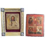 2 Ikonen: 1 x Ikone, Jesus Christus Oklad, 38 x 31 cm; 1 x Ikone, Holz, 31 x 25,5 cm; 2 icons: 1 x