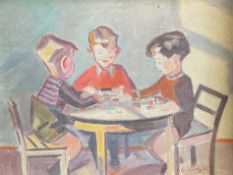 Drei Jungen spielen am Tisch, signiert und datiert: "(19)52", Öl/Lwd, 50 x 63 cm