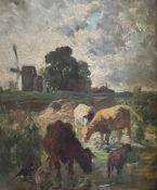 Unbekannter Künstler. Vieh auf der Weide mit Windmühle, Öl/Lwd. Unknown artist. Cattle in the