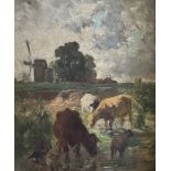 Unbekannter Künstler. Vieh auf der Weide mit Windmühle, Öl/Lwd. Unknown artist. Cattle in the