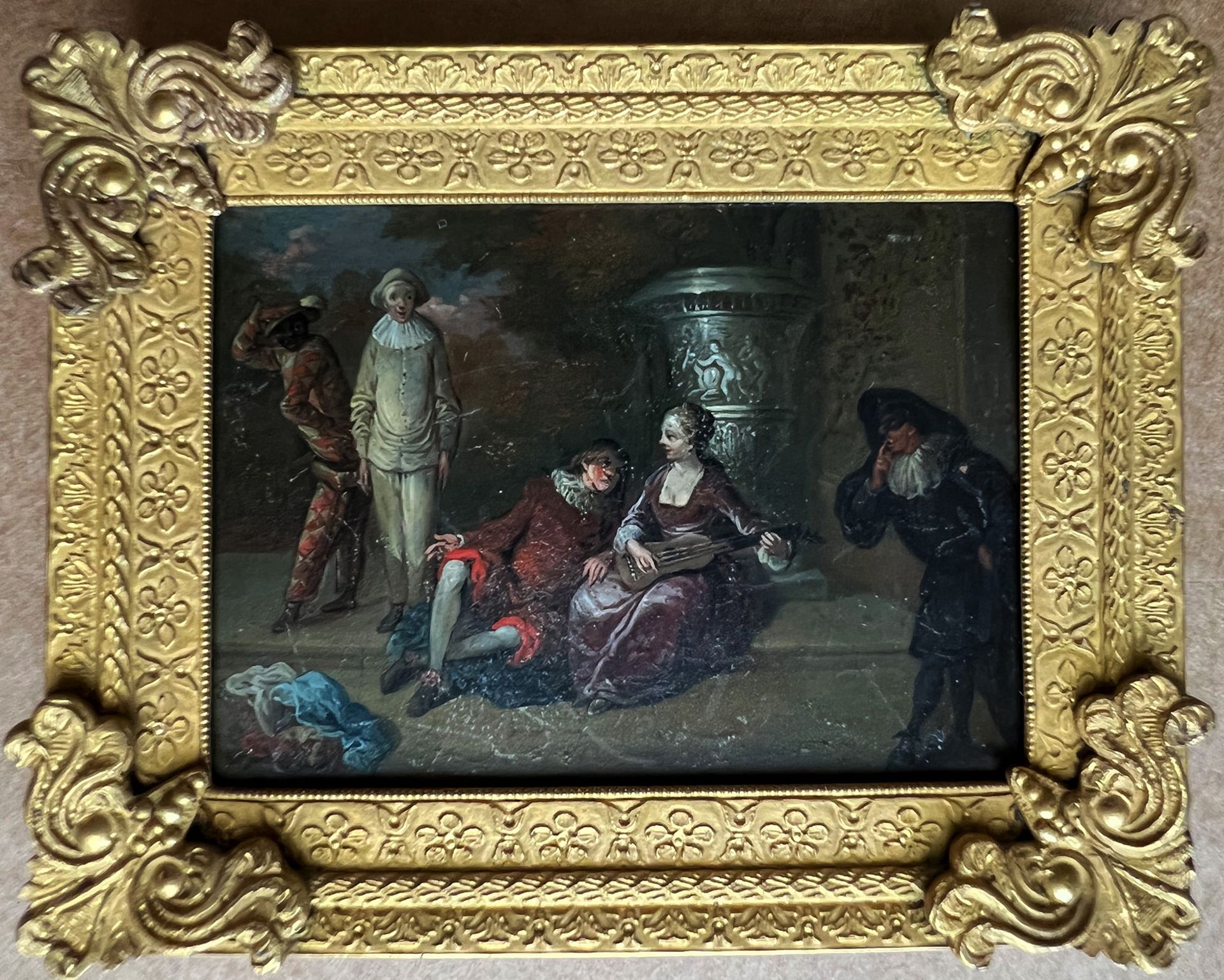 Italien, 18./19. Jh., Miniatur mit Clowns und Harlekins, mittig ein musizierendes Paar, Öl/Kupfer, - Image 3 of 4