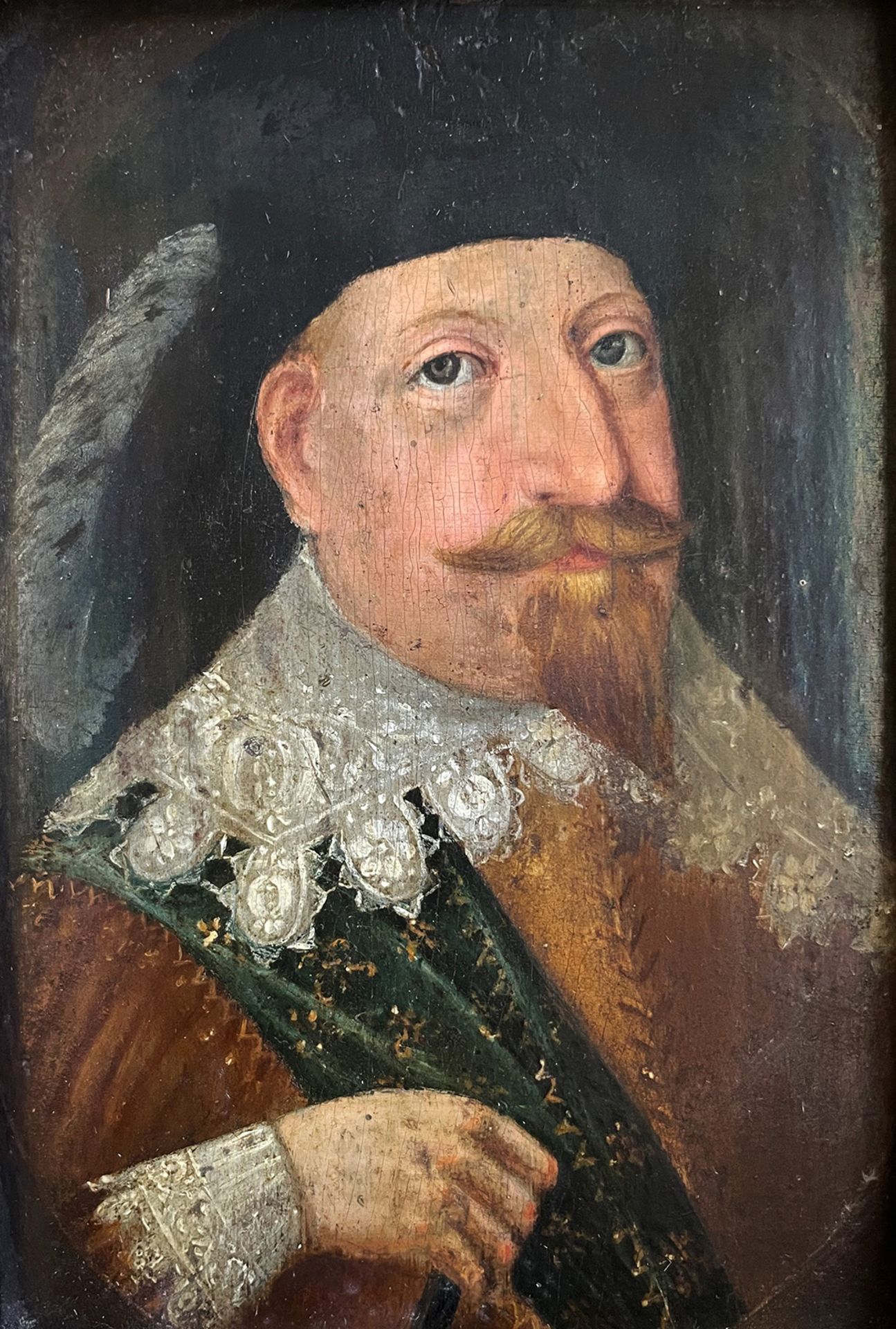 Unbekannter nordischer Künstler, Portrait Christian IV von Dänemark, 17. Jh., Öl/Holz, Altersspuren, - Bild 3 aus 3