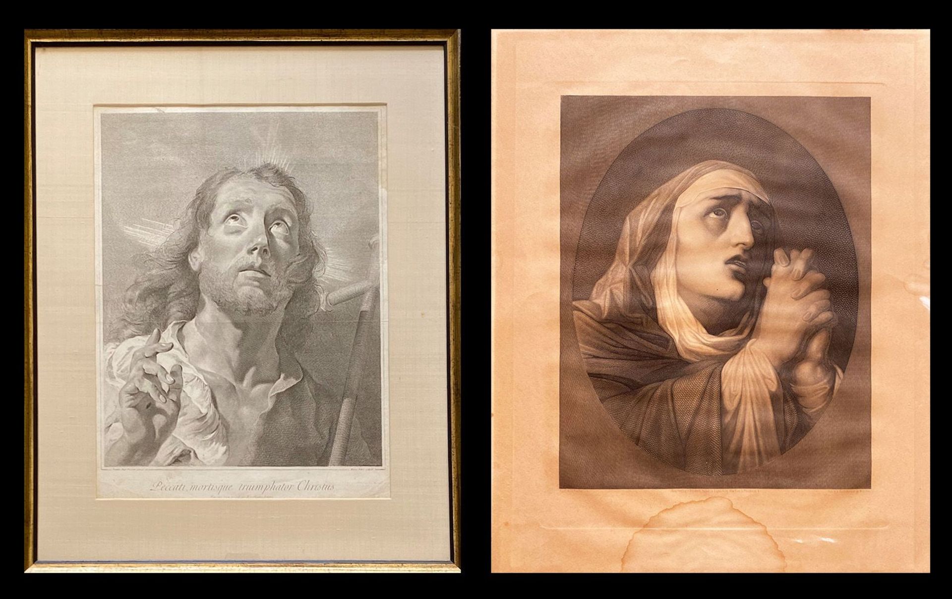 Zwei Druckgraphiken, Maria, 46,7 x 36,8 cm (Druck), Jesus, 31,4 x 39,4 cm (Druck), Altersspuren
