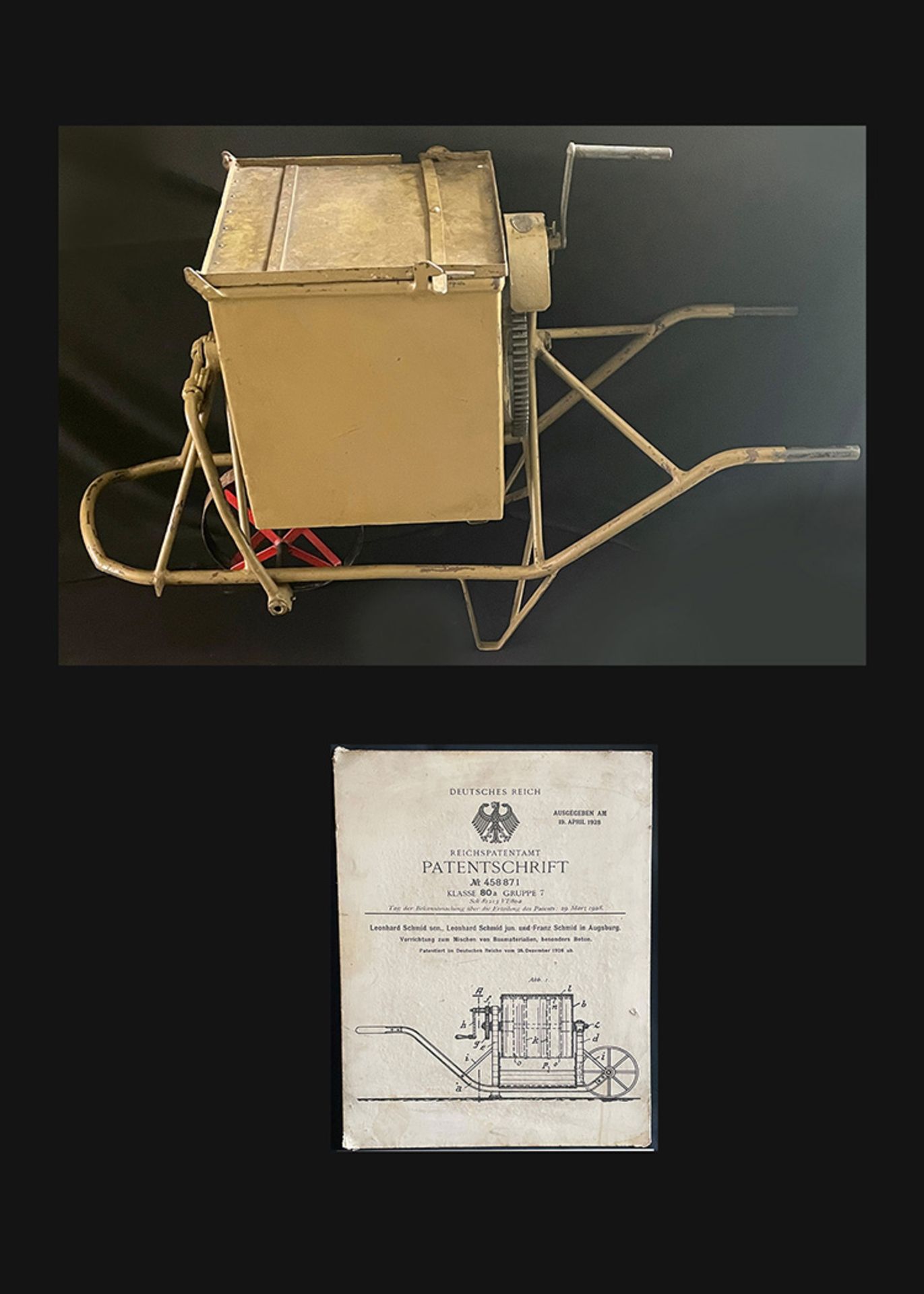 Patentierte Betonmischmaschine 1920/30er Jahre. Der Betonmischer wurde am 28. Dezember 1926 in der