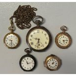 Konvolut von fünf Taschenuhren und einer Uhrenkette: Damentaschenuhr, 750er GG, rücks. kleine