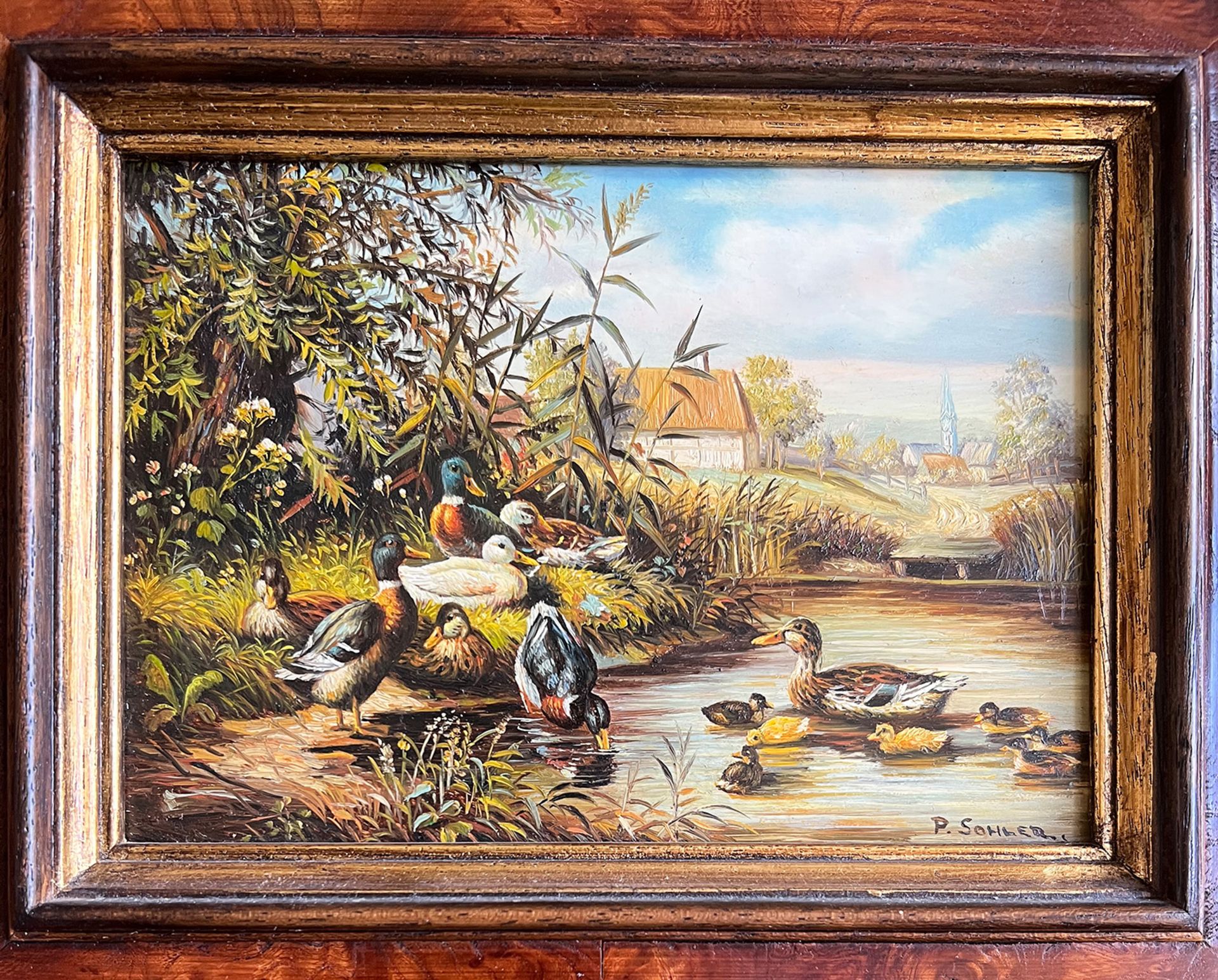 P. Sohler, Paar Bilder: Enten am Teich, signiert, Öl/Spanplatte, 13 x 18 cm; Hühner am Teich, im - Bild 4 aus 5