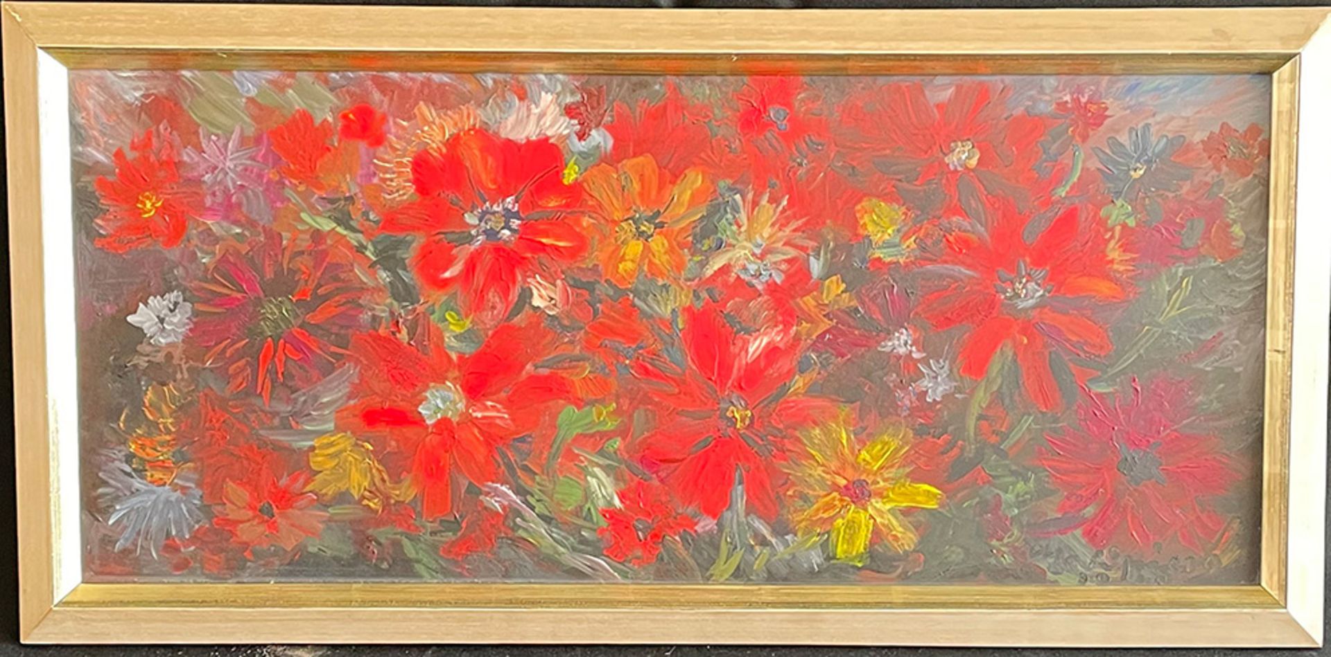 Luigi Malipiero, Leuchtend rote Blumen, signiert, Öl auf Hartfaser, 67 x 29 cm