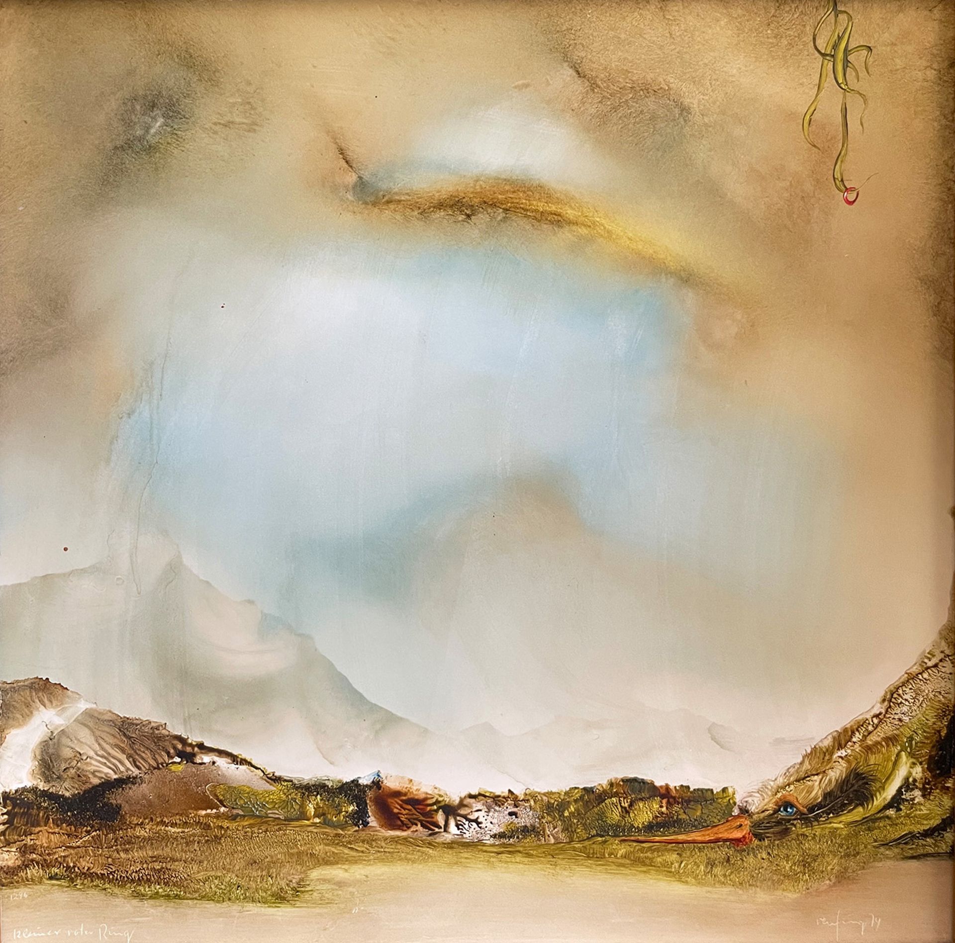 Unbekannter Künstler, Surrealistische Landschaft mit Vogel, Öl/Holz, signiert und datiert '79, - Bild 4 aus 5
