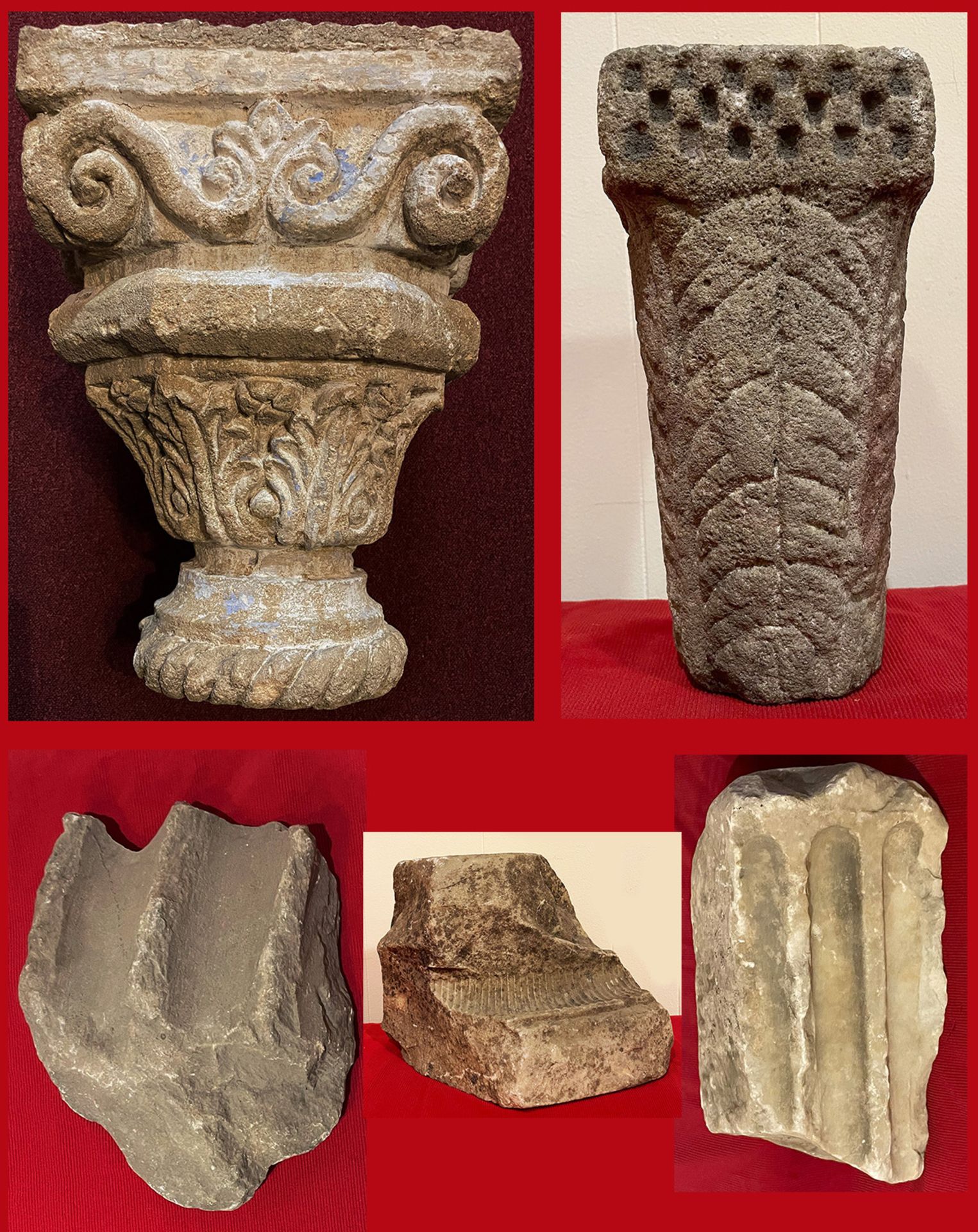 Konvolut diverse griechische oder römische Steinfragmente: Kapitell, H. 39 cm, Fläche 28 x 28 cm;