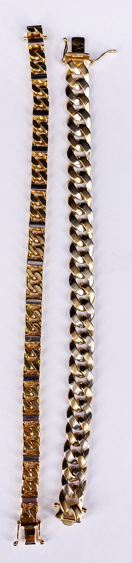 2 Armbänder, 585er Gold: Alternierend weiße und gelbe Glieder, flach, matt, L. 19 cm; Glieder mit - Image 3 of 3
