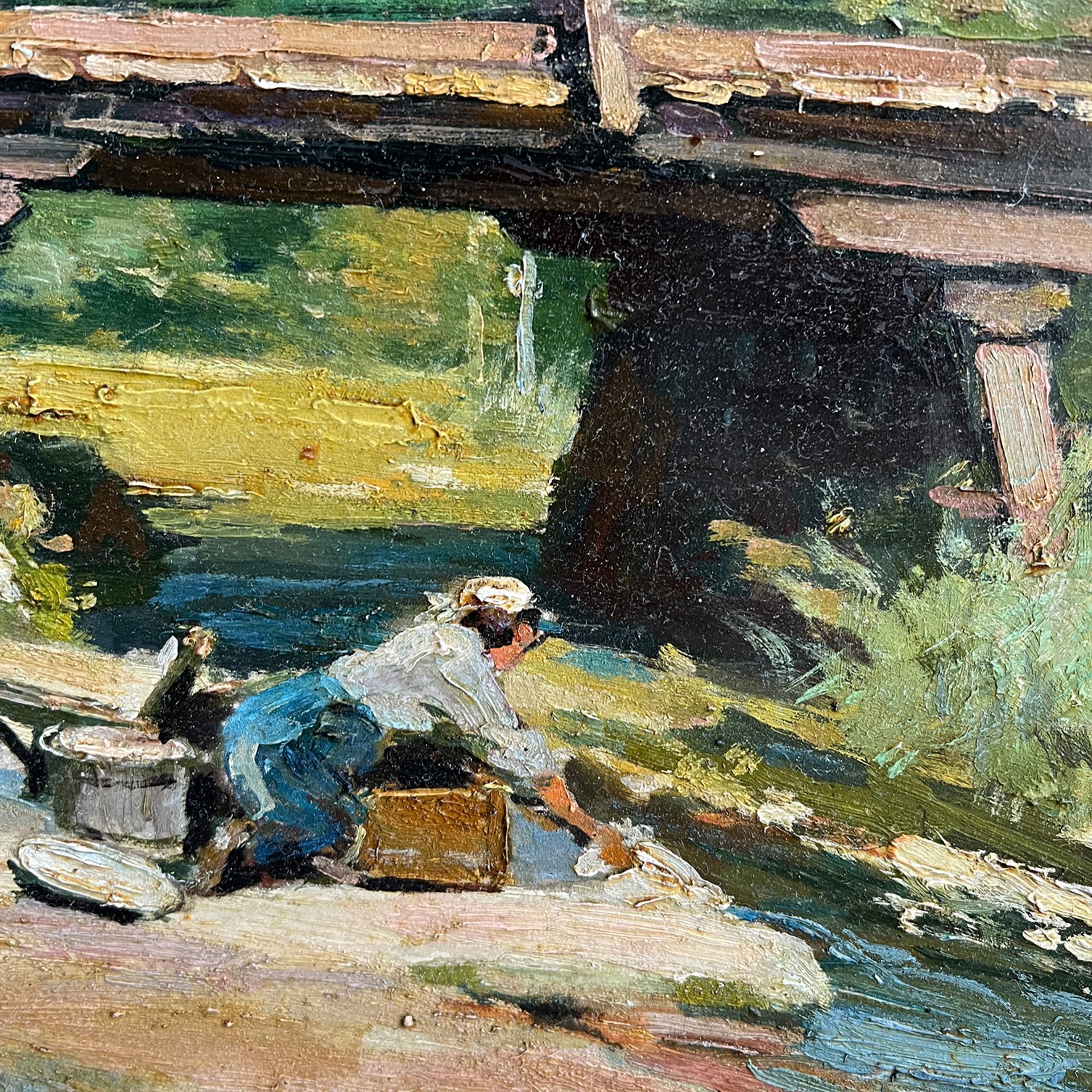 Lucien ADRION (1889-1953), Bretonische Wäscherinnen an einem Fluss mit Brücke und Haus, rücks. - Image 2 of 6