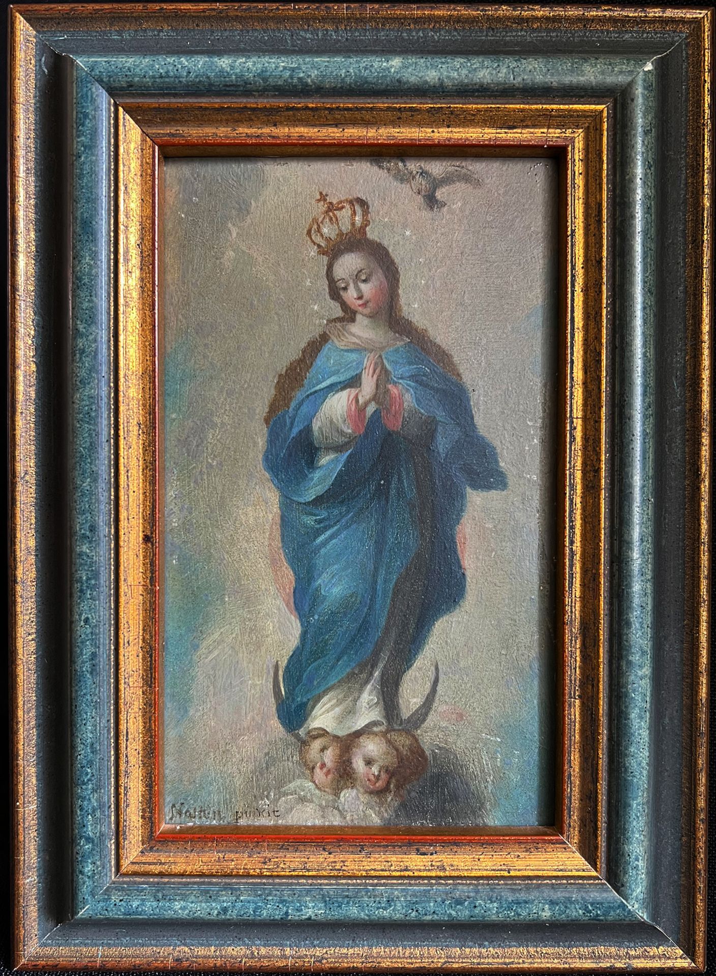 Zwei religiöse Kleinstbilder: Maria und der Jesusknabe mit einem Stifter, Öl/Holz, oval, 11,5 x 9, - Bild 5 aus 6