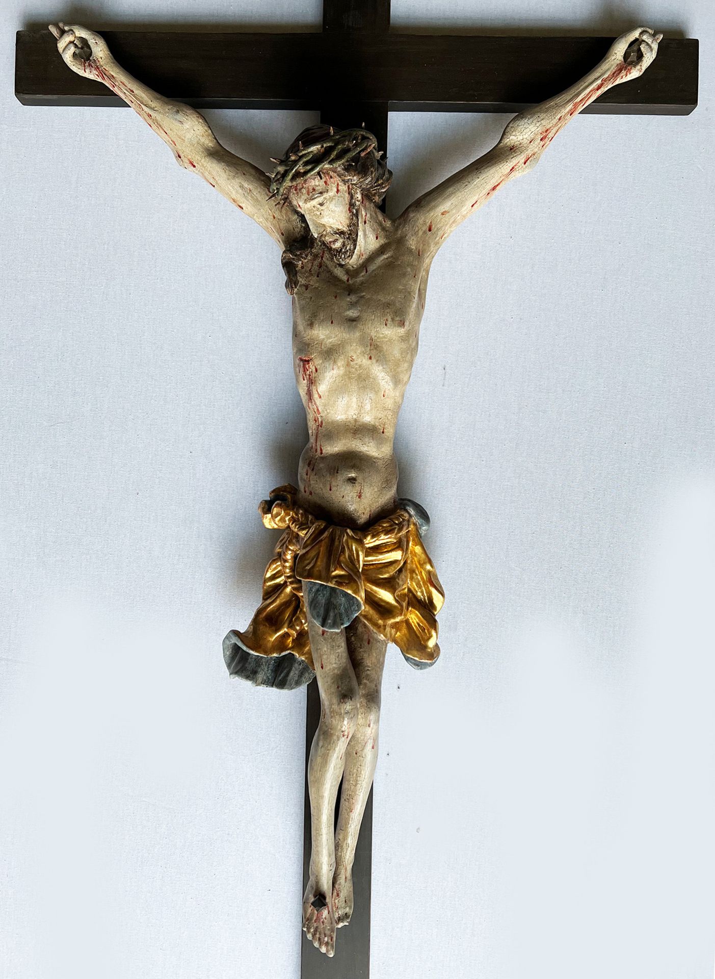 Corpus Christi, 19. Jh., barock, Holz, farbig gefasst, Lendenschurz vergoldet, Dreinageltypus,