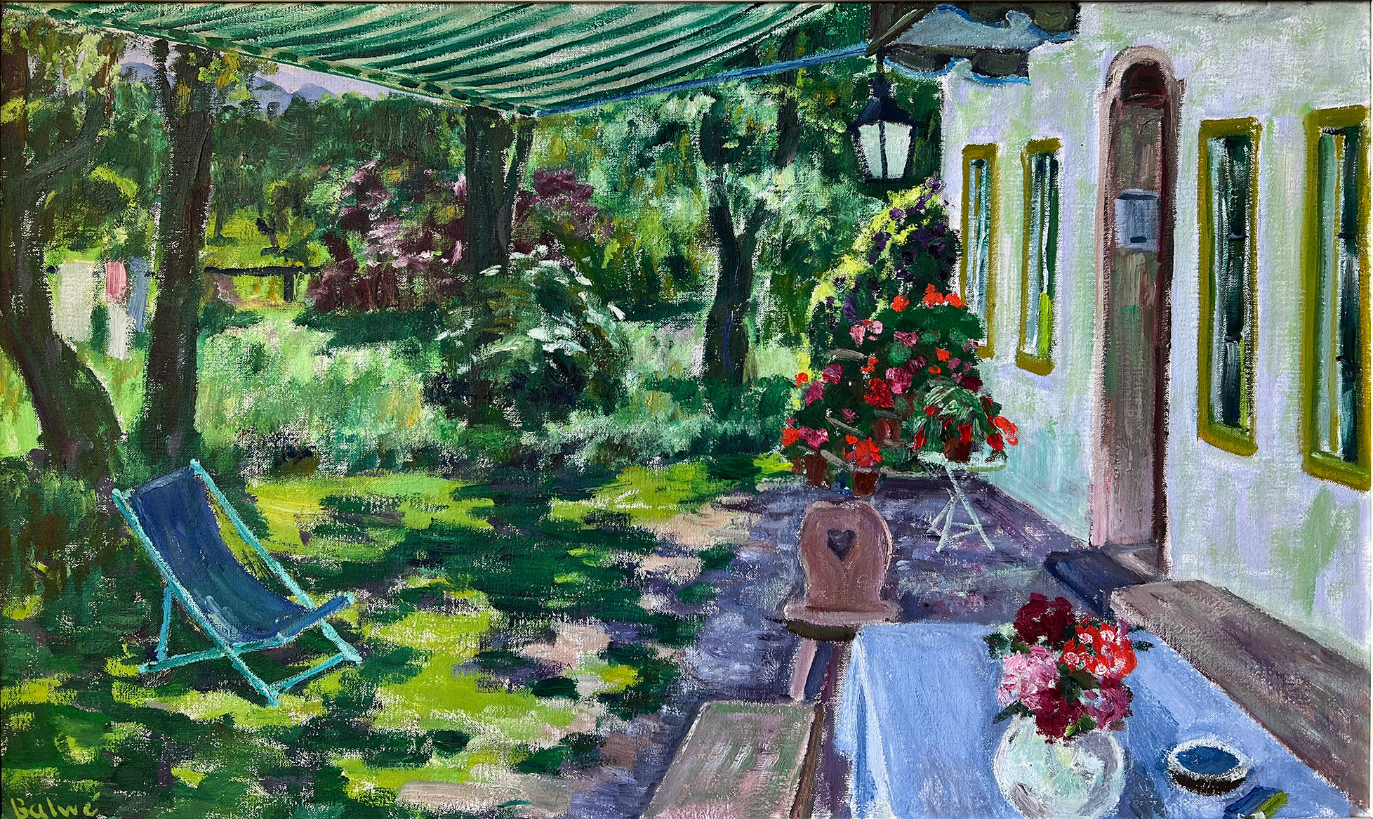 Arnold Balwé (1898-1983), "Sommer am Haus". Blick auf den grünen Garten mit blühenden roten