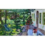 Arnold Balwé (1898-1983), "Sommer am Haus". Blick auf den grünen Garten mit blühenden roten