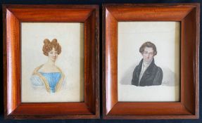 Paar Biedermeierportraits, 1830/40, junger Herr in schwarzem Jackett und Dame in hellblauem Kleid