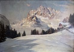 Erwin KETTEMANN (1897-1971), Winterabend in den Bergen, ein Weg durch den Schnee führt zu einer Alm,