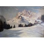 Erwin KETTEMANN (1897-1971), Winterabend in den Bergen, ein Weg durch den Schnee führt zu einer Alm,