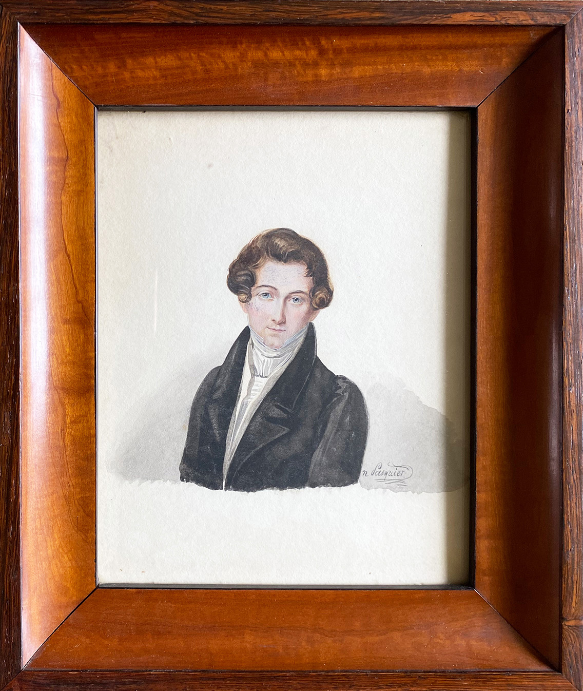Paar Biedermeierportraits, 1830/40, junger Herr in schwarzem Jackett und Dame in hellblauem Kleid - Image 8 of 8