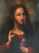 Unbekannter Künstler, Andachtsbild, 19. Jh., Jesus mit flammenden Herzen, Öl/Lwd, Altersspuren, 82 x