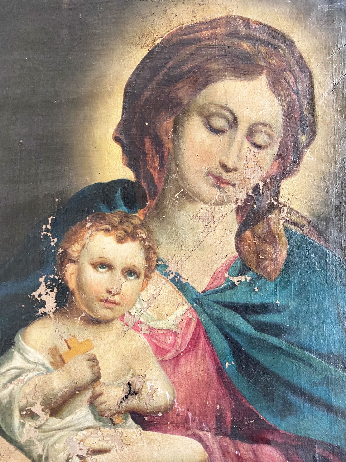 Madonna, 19. Jh., Muttergottes mit dem Jesuskind auf dem Schoß vor dunklem Hintergrund, Öl/Lwd. 80 x - Bild 2 aus 6